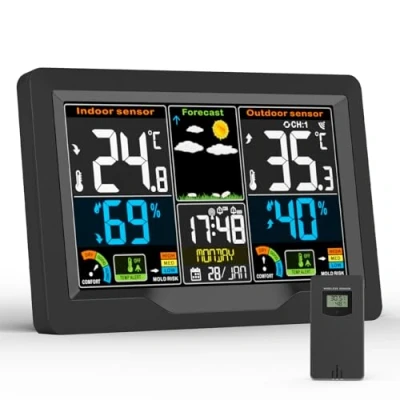 Immagine di Stazione Meteo con Sensore Esterno, Meteorologica per Interni ed Esterni Ampio Schermo LCD Display Sveglia Tempo Data Temperatura umidità Previsioni di