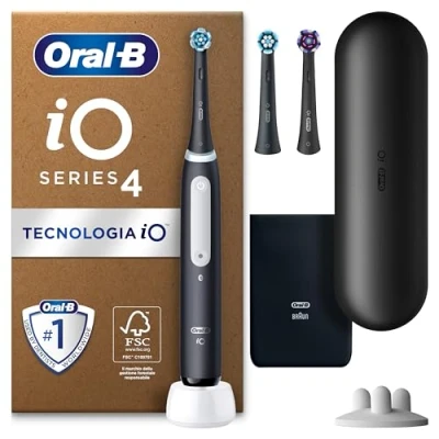 Immagine di Oral B Spazzolino Elettrico Ricaricabile iO 4N, Sensore di Pressione, Connessione Bluetooth, 4 Modalità Spazzolamento, 3 Testine, 1 Spazzolino, Custodia da Viaggio, Nero, Idea Regalo