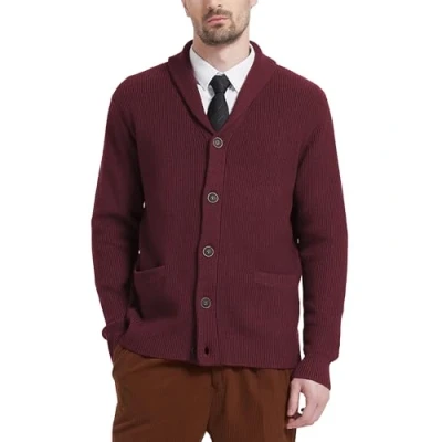 Immagine di Kallspin Maglione da Uomo Cardigan con Collo a Scialle Bottone e Tasche in Lana(Borgogna, 3XL)