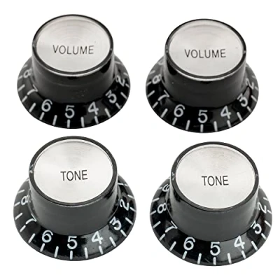 Immagine di Musiclily Pro Mancino Metrica 18 Splines Manopole 2 Volume Tono Top Hat Reflector Knobs per Epiphone Les Paul SG Style, Nero con Argento (Set di 4)