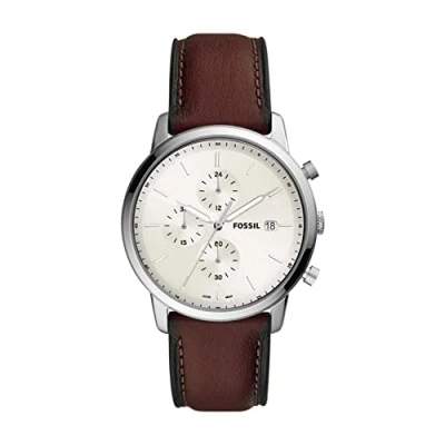 Immagine di Fossil Orologio Minimalist Chrono da uomo, movimento cronografo al quarzo, cassa in acciaio inossidabile argentato 42 mm con cinturino pelle, FS5849