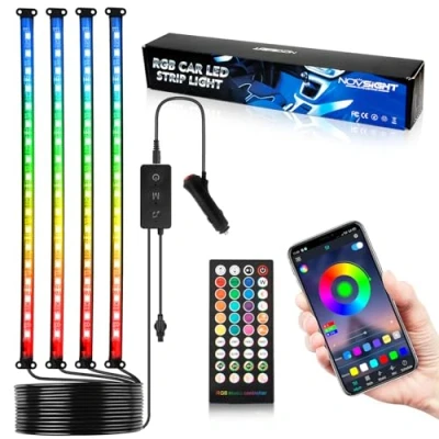 Immagine di NOVSIGHT Illuminazione interna per auto, LED lampada interna, striscia luminosa a 72 LED, 16 milioni di colori, luce interno APP controllabile, con accendisigari,