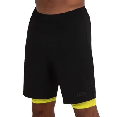 Immagine di TCA Ultra Pantaloncini Uomo Palestra 2 in 1 Sportivi da Corsa Running Shorts con Pantaloncino a Compressione Interno Nero/Verde (Tasca Posteriore), XXL