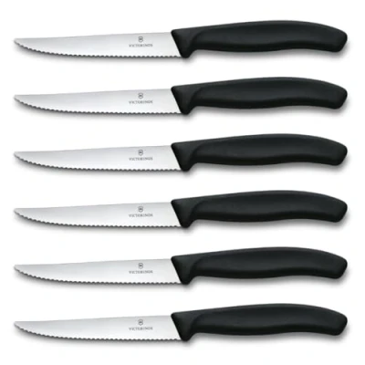 Immagine di VICTORINOX Set di Coltelli da Bistecca Professionale Swiss Classic, 6 Pezzi, Lama Ultra Affilata, Filo Ondulato, 11 cm, Robusto Manico Sintetico, Acciaio Inox, Nero