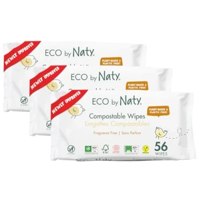 Immagine di Eco by Naty Salviette per bambini senza profumazione Salviettine umidificate 100% compostabili e a base vegetale, adatte neonati con pelle sensibile (168 unità, 3x56)