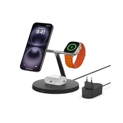 Immagine di Belkin Caricabatterie wireless 3 in 1 con MagSafe, caricatore rapida per iPhone (15 W) e Apple Watch, stazione di ricarica 16, 15, 14, 13, 12, Watch AirPods nero
