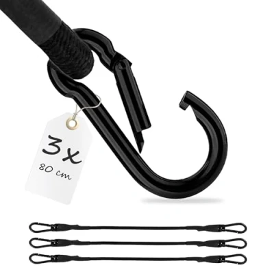 Immagine di ECENCE 3x corda elastica con moschettone della lunghezza di 80cm, colore Nero Cinghia elastica, tenditore per bagagli, estensore, tensione biciclette