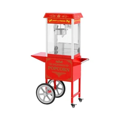 Immagine di Royal Catering RCPW 16E.1 2F Macchina per popcorn con carrello, design retrò, 195/235 C, 2 temperature dolci e salati, colore rosso