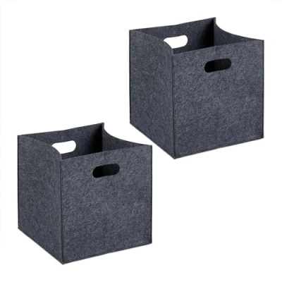Immagine di Relaxdays Scatola da Scaffale Portaoggetti, Set 2 Porta Giochi e Libri Libreria, Box Cubo 30x30x30 cm Feltro, Antracite