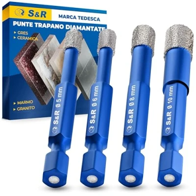 Immagine di S&amp;R Punte Trapano Diamantate Gres Porcellanato Piastrelle Ceramica granito Marmo Set di 4 Professionali