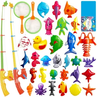Immagine di Kids Magnetic Fishing Board Game Toys Set by ECLifeHack Bathtime Or Pool Party with Pole Rod Net Plastic Floating Fish Toddler Education Teaching and Learning of Colors Ocean Sea Animals