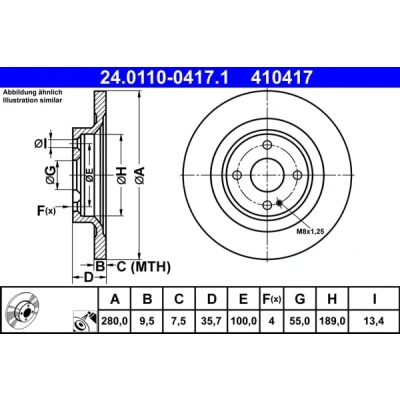 Immagine di ATE 24.0110 0417.1 Disco freno 280,0 9,5 4 100,0 pieno rivestito FIAT: 124 Spider, ABARTH: Spider