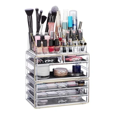 Immagine di Relaxdays 1x Contenitore per Cosmetici a 6 Cassetti, 22 Scomparti, Make Up Organizer, Porta Trucchi, Acrilico, Trasparente Oro