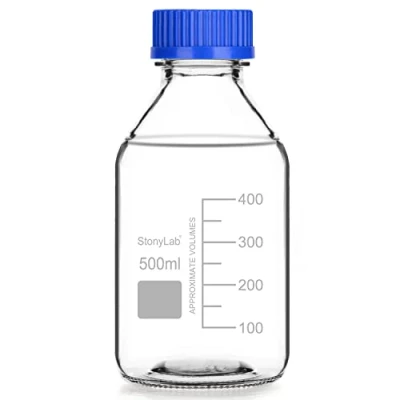 Immagine di stonylab Bottiglie di Stoccaggio Graduati con Tappo a Vite GL45, 500 ml Flaconi per Reagenti da Laboratorio Rotondi in Vetro Blu, Confezione 1