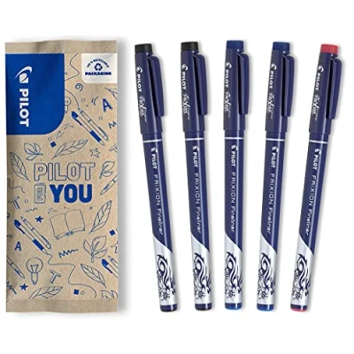 Immagine di Pilot FriXion Fineliner, Set Da 5 Penne A Pennarello Cancellabili Con Inchiostro Sensibile Al Calore, 2 Blu, Nera, 1 Rossa, Penna Punta Fine Per Scrittura