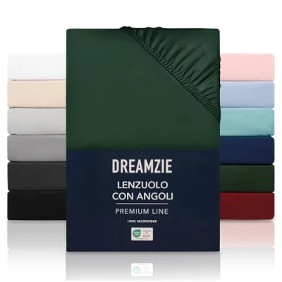 Immagine di Dreamzie Lenzuolo con Angoli Matrimoniale 200x200 cm Altezza fino a 33 100% Microfibra Verde Certificato senza Prodotti Chimici (Oeko TEX), Lenzuola Letto ed Elastico