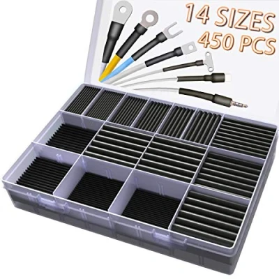 Immagine di Pointool kit guaina termorestringente, rapporto 2:1, 14 misure, assortimento di guaine termorestringenti per riparazioni fili, saldatura, cablaggio automobilistico, nero, 450 PZ