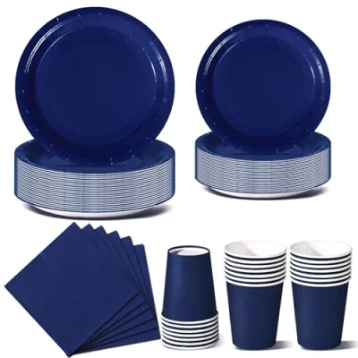 Immagine di Nkaiso Stoviglie per Feste 96 Pezzi Blu Scuro Festa della Addobbi Ragazza di Compleanno dei Dambini Articoli Set Include Piatto Usa e Getta Carta Party Tazze Tovaglioli 24 Ospiti
