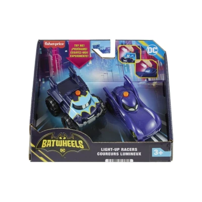Immagine di Fisher Price DC Batwheels Set da 2 macchinine luminose in scala 1:55, include Bam la Batmobile e Buff il Bat Furgoncino, veicoli a pile con effetti luminosi, giocattolo per bambini, 3+ anni, HML25