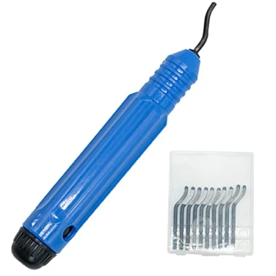 Immagine di utensile per sbavatura, universale, manico in metallo, con 11 lame di ricambio, lama rotante a 360, da taglio stampanti 3D, plastica, alluminio e acciaio inossidabile, blu