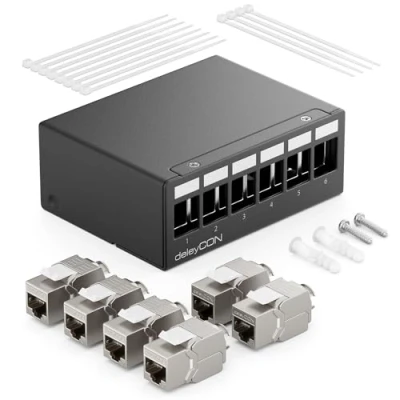 Immagine di deleyCON 6 Porte CAT7 Set di Pannelli Patch con 6x CAT.7 RJ45 Modulo Jack Keystone STP 10 Gbit/s Compatibile Cavo Installazione CAT6 CAT6a CAT8 Rete Ethernet LAN DSL Nero