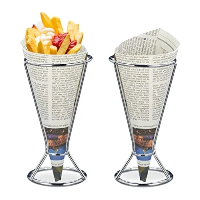 Immagine di relaxdays, Set da 2 Porta Patatine Fritte, Acciaio Inox, per Coni di Carta con Fritti e Verdure, HD 16 x 9,5 cm, Argento