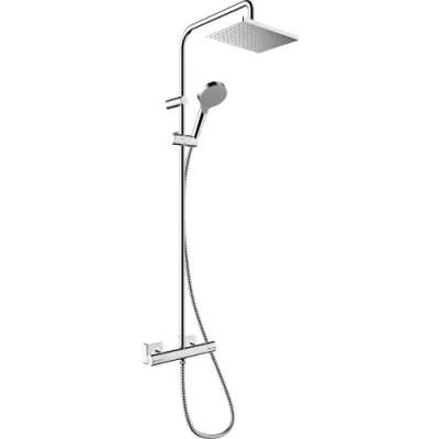 Immagine di hansgrohe Vernis Shape Colonna doccia con miscelatore termostatico, Sistema (230 x 170 mm) rubinetto, doccetta, tubo, asta e soffione quadrato, cromo, 26286000