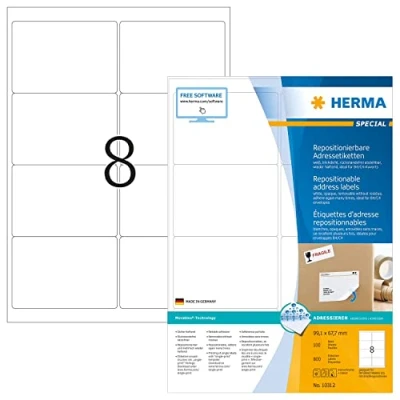 Immagine di HERMA Etichette Staccabili, 99,1 x 67,7 mm, Adesive A4 per Stampante, 8 Foglio, Bianco