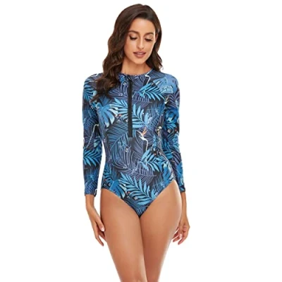 Immagine di BEACHKINI Costume Intero per Donna da Bagno a Triangolo Maniche Lunghe con Zip Frontale,11 Blu,XL