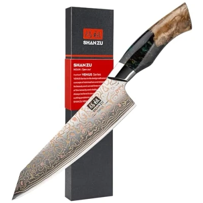 Immagine di SHAN ZU Coltelli da Cucina 8 Pollic Acciaio Damasco &amp; Rame ad Alto Giapponese Coltello Tenore di Carbonio 33 Strati Professionali Chef Forgiato a Mano Multiuso con Manico in Acero