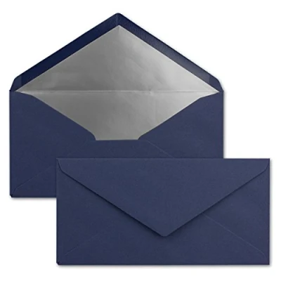 Immagine di 100x Buste formato lunghe Colore: blu scuro con rivestimento interno metallizzato argento 110 x 220 mm Colla a umido festive per Natale