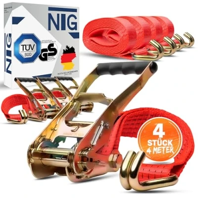 Immagine di 4 pezzi Cinghia di tensionamento m 5t (2500/5000 daN, KG) due 50 mm con cricchetto e gancio cinghie a Certificazione TÜV/GS