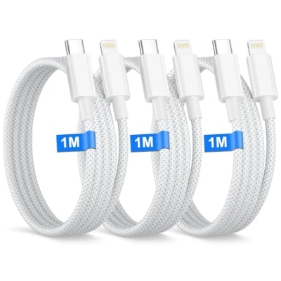 Immagine di Cavo USB C Lightning 1M 3Pezzi[Certificato MFi], iPhone Nylon Ricarica Rapida Cavetto Filo Caricatore per 14 13 12 11 Pro Max XS XR X 8 7 6 5 SE iPad