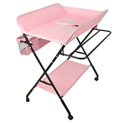 Immagine di Fasciatoio Pieghevole per Neonato con Struttura Stabile,Fasciatoio Bambini, Salva Spazio, Cambio Pannolino,4 ruote freno,con Scomparti Portaoggetti (80 * 66 98 cm (rosa scuro))