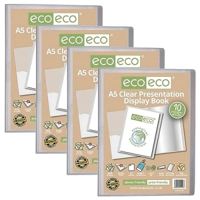Immagine di eco eco126x4 Cartellina portadocumenti trasparente, formato A5, riciclata al 50%, 10 tasche, con buste in plastica, confezione da 4