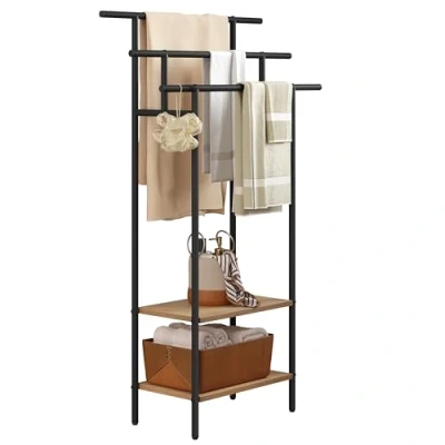 Immagine di EUGAD Portasciugamani Indipendente a 3 Livelli, Scaletta con 2 Ripiani, Portaoggetti Appendini per Bagno/Camera da Letto/Balcone, Metallo Nero + Legno Massello Effetto Rovere