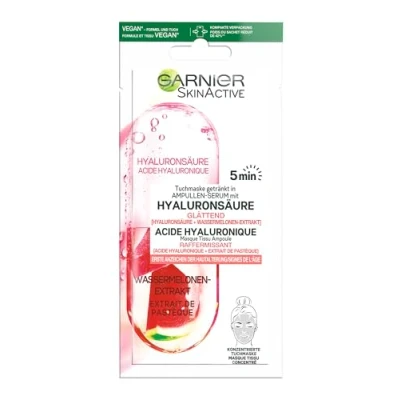 Immagine di Garnier maschera di stoffa, viso per primi segni invecchiamento, levigante, bevanda in siero fiale, formula vegana con acido ialuronico ed estratto anguria, 15 g