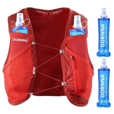 Immagine di DORNNA Light Edition V1 Zaino Trail Running + 2 borraccia mórbida 500 ml Senza BPA, Run Vest con Soft Flask, Gilet Uomo e Donna. (Rosso, XS S)