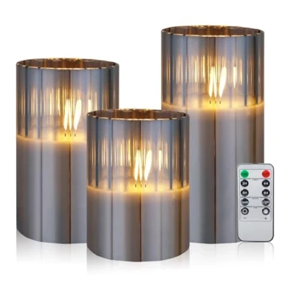 Immagine di CCLIFE candele LED batteria con effetto vetro, Senza Fiamma elettriche pilastro telecomando timer per decorazione natale, 3 pezzi in Grigio CushHom