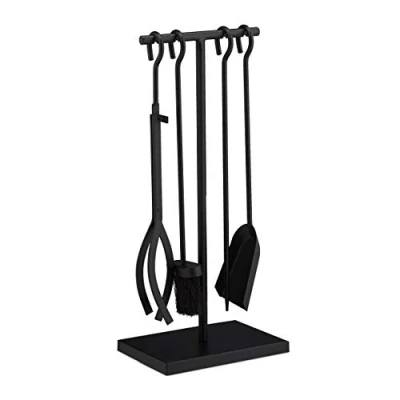 Immagine di Relaxdays Servitore Nero 5 Pezzi Accessori da Camino, Moderni, Parti con Attizzatoio, Paletta Pinza, Scopino e Supporto Porta Attrezzi, 100% Acciaio, 1 pz