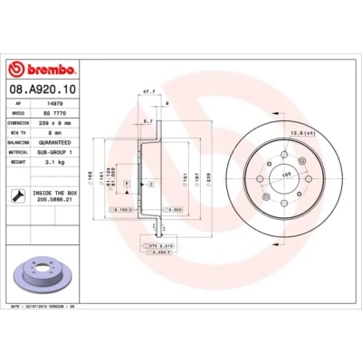 Immagine di BREMBO 08.A920.10 Disco freno 239 9 4 pieno con bulloni/viti HONDA: CIVIC V Hatchback, Jazz 2, 6 Hatchback