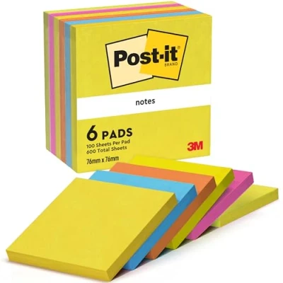 Immagine di Post it Foglietti, Collezione Energetic, Confezione da 6 blocchetti, 100 Fogli/blocco, 76mm x 76mm, Colori Giallo, Azzurro, Arancione, Rosa, Verde Foglietti Adesivi per Appunti