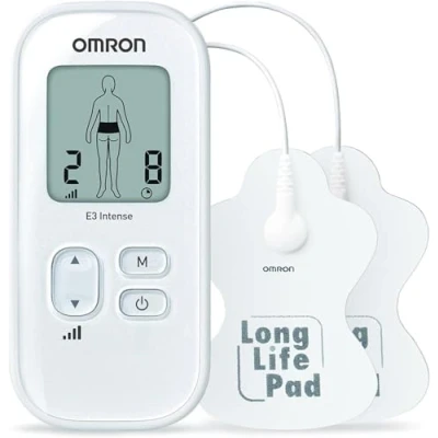 Immagine di Dispositivo OMRON E3 Intense TENS Terapia del dolore personalizzabile con 6 programmi, 3 programmi di massaggio, 15 livelli intensità e cuscinetti resistenti, riutilizzabili lavabili