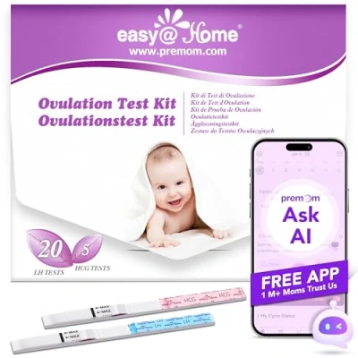 Immagine di Easy@Home Test Ovulazione 25mIU/ml, Altamente Preciso, Monitoraggio Attendibile del Ciclo e Periodo Fertile, Alimentata da gratuita Italiana APP Premom(iOS &amp; Android) (20 LH + 5 HCG)