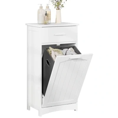 Immagine di EUGAD Mobile da Bagno con Portabiancheria, Cesto Mobiletto Cassetto, Portabiancheria a 2 Scomparti, in MDF e Tessuto, Bianco, 42x30x82cm