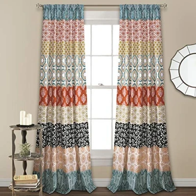 Immagine di Lush Decor Coppia di tende per finestre a strisce bohémien, 132 x 274 cm (larghezza lunghezza), colore: turchese e arancione, colorate extra lunghe, decorazione bohémien camera da letto,