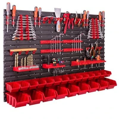 Immagine di Sistema di stoccaggio da parete per attrezzi 115 x 78 cm 23 pezzi scaffalatura, supporto scaffali a vista magazzini e officina pannelli extra forti espandibili