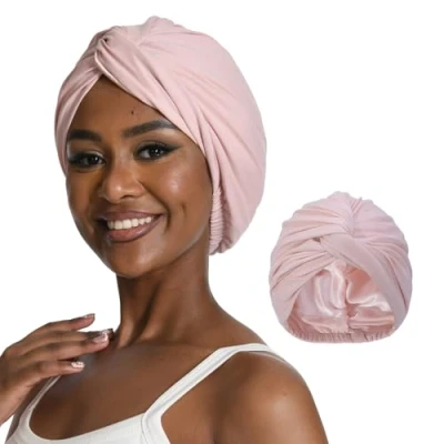 Immagine di Hat Hut Turbante in Raso per le Donne Cofano Seta Cuffia Capelli Ricci Dormire Regolabile Head Wrap Intrecciato (IT, Testo, Taglia unica, Rosa)