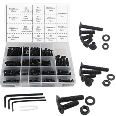 Immagine di huruirui M5 M6 M8 Vite a Testa Piatta Nera Bulloni e Dadi Esagono Incassato con Viti Rondelle Set Assortito,Kit di Bloccaggio Esagonali per Macchina Filettata 310pezzi