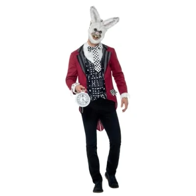 Immagine di Smiffys Costume deluxe coniglio bianco, Rosso, con giacca, camicia stampata, maschera in EVA e orologio da tasca